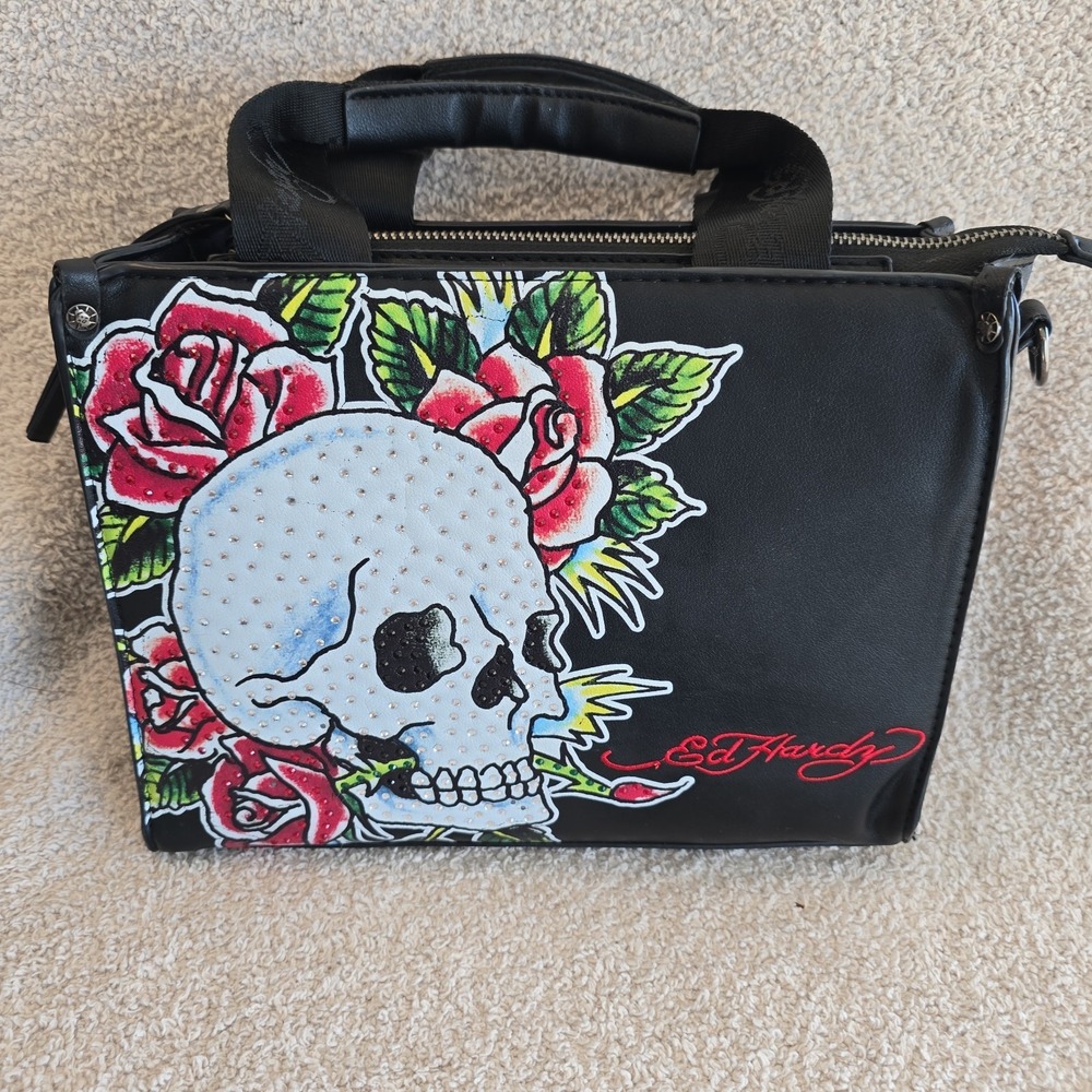ED Hardy Black Tote Bag Purse Bling Skull Roses Logo Double Handle Handbag *read